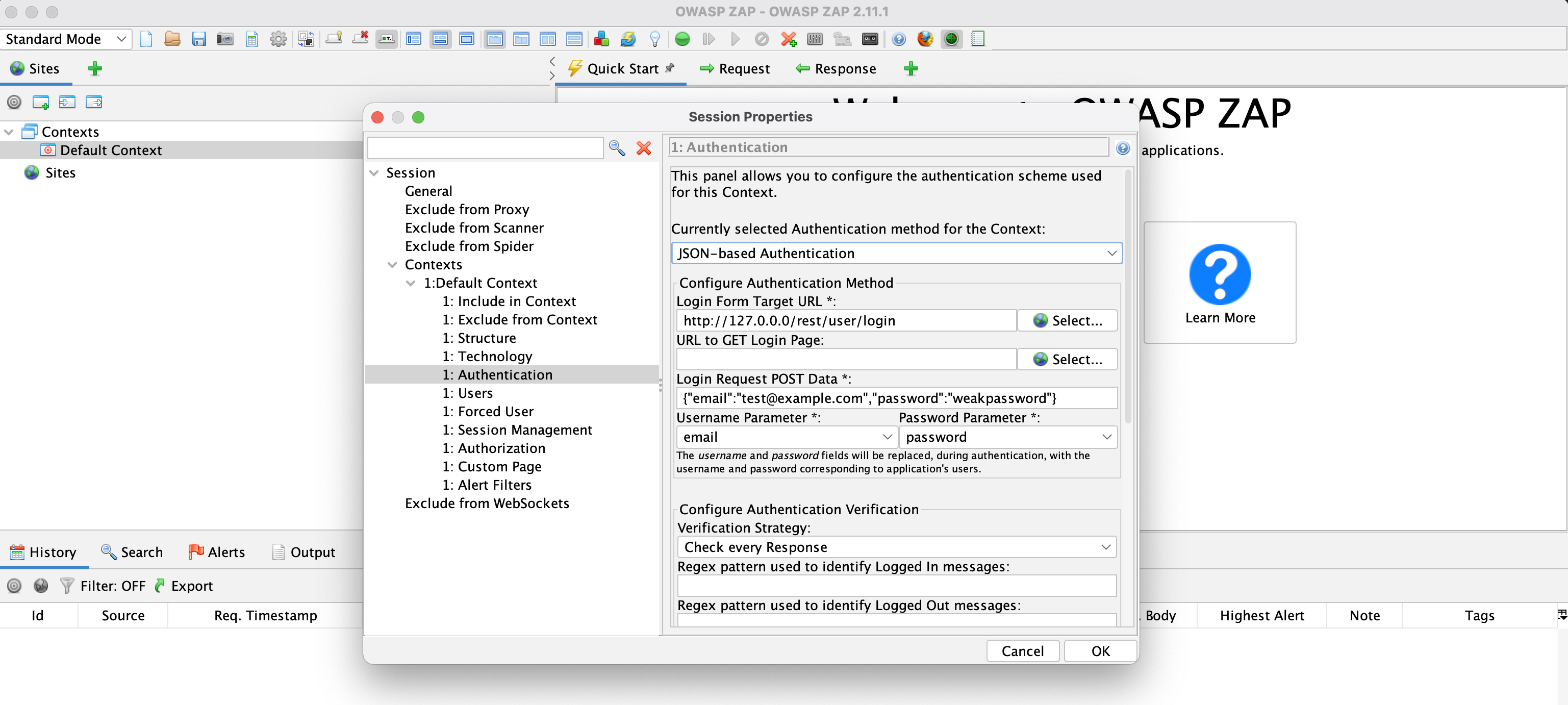 zap Configure Authentication